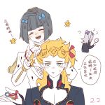 3boys ? black_hair blonde_hair blue_bow blue_eyes blue_jacket blunt_bangs blush bob_cut bow braid bruno_bucciarati bug clothing_cutout collared_jacket commentary_request flower giorno_giovanna hair_ornament hair_ribbon hairdressing jacket jojo_no_kimyou_na_bouken ladybug ladybug_ornament leone_abbacchio long_hair looking_at_mirror luminous_slime male_focus mirror multiple_boys pectoral_cleavage pectorals red_bow ribbon smile speech_bubble translation_request vento_aureo victory_rolls white_background white_jacket yellow_flower 