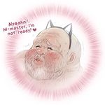  2014 bald beard blush bust_portrait english_text eyes_closed facial_hair fake_cat_ears fake_ears human humor looking_pleasured male mammal mature mature_male overweight powfooo simple_background suggestive sweat text white_background wince 
