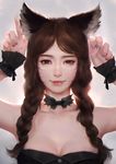  ahri alternate_hairstyle animal_ears bangs bare_shoulders braid breasts brown_eyes brown_hair choker cleavage closed_mouth facial_mark fom_(lifotai) fox_ears gradient gradient_background hair_over_shoulder half-closed_eye hands_up highres index_finger_raised league_of_legends lips lipstick long_hair looking_at_viewer makeup medium_breasts nail_polish parted_bangs realistic smile solo twin_braids upper_body whiskers wrist_cuffs 