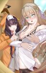  2girls @_@ animal_ears animal_hood animal_on_head arm_under_breasts armpit_crease asakura_karen_(heaven_burns_red) assertive_female bite_mark black_bow black_bra black_hair black_panties black_pantyhose blonde_hair blue_eyes blunt_bangs blush bow bowtie bra braid breasts brown_eyes cat cat_ears cat_hood cat_on_head caught cleavage collarbone collared_shirt commentary cowboy_shot crotch_seam curtains embarrassed eyelashes eyes_visible_through_hair fake_animal_ears finger_to_mouth floating_hair furrowed_brow hair_between_eyes hair_ribbon half_up_braid hand_up heaven_burns_red hickey highres hood hood_up hooded_jacket index_finger_raised indoors jacket large_breasts lilyhoney locker locker_room long_hair long_sleeves looking_at_viewer low_twintails multiple_girls navel no_pants nose_blush o_o on_head open_clothes open_jacket open_mouth open_shirt orange_jacket panties panties_under_pantyhose pantyhose parted_lips partially_unbuttoned pov reaching reaching_towards_viewer red_bow red_bowtie ribbon shirt shushing sidelocks single_bare_shoulder sleeves_past_wrists smile sweat toujou_tsukasa twintails underwear undressing_another very_long_hair white_ribbon white_shirt yuri 