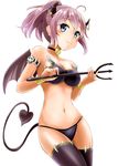  ahoge aoba_(kantai_collection) armlet bikini black_legwear blue_eyes blush choker collarbone demon_horns demon_tail demon_wings gunner_(stardustgunner) halloween halloween_costume heart heart_tail horns kantai_collection looking_at_viewer midriff navel pink_hair pitchfork ponytail purple_bikini scrunchie short_hair simple_background smile solo standing swimsuit tail white_background wings wrist_cuffs 