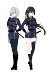  adapted_costume armor asymmetrical_legwear bangs black_hair black_legwear blue_eyes boots collar collared_shirt cosplay eyebrows eyebrows_visible_through_hair gloves hair_between_eyes hair_ornament hair_ribbon hairclip hamakaze_(kantai_collection) hand_on_hilt hand_on_hip highres honebami_toushirou honebami_toushirou_(cosplay) isokaze_(kantai_collection) japanese_armor kantai_collection katana long_hair long_sleeves military military_uniform multiple_girls namazuo_toushirou namazuo_toushirou_(cosplay) necktie np3228 pantyhose red_eyes ribbon shirt short_hair shoulder_armor silver_hair smile sode sword touken_ranbu uniform weapon white_background 