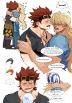  2boys blonde_hair blush closed_eyes commentary_request denisefanta embarrassed english_text eustass_kid facial_hair goatee goggles goggles_on_head hair_over_eyes highres killer_(one_piece) kiss long_hair male_focus mature_male multiple_boys multiple_views one_piece parted_lips red_hair translation_request yaoi 