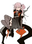  1girl aqua_eyes black_coat black_shoes black_thighhighs coat commentary_request elbow_gloves final_fantasy final_fantasy_xiii full_body garbage_paper gloves highres korean_commentary lace lace_gloves light_blush lightning_returns:_final_fantasy_xiii long_hair looking_at_viewer lumina pink_hair see-through_clothes see-through_thighhighs shoes side_ponytail sleeveless sleeveless_coat smile solo thighhighs white_background 