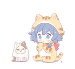  1girl animal_costume animal_print black_hair blue_eyes bow chibi closed_mouth commentary_request fu_hua full_body hair_bow highres honkai_(series) honkai_impact_3rd jingwei_(bird) mon_momu simple_background solo tiger_costume tiger_print white_background yellow_bow 