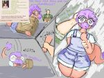 4chan anon_(snoot_game) anthro aroused bald big_eyes big_glasses blush box bulge caldinie1 cavemanon_studios clothed clothed_anthro clothed_human clothed_male clothing colored comic container detailed_bulge dialogue dinosaur dromaeosaurid duo english_text exclamation_point eyewear feathered_tail feathers femboy flustered genital_outline glasses goodbye_volcano_high green_clothing green_jacket green_shirt green_topwear greentext_(format) hair hand_on_arm hand_on_head helping hi_res human human_on_anthro interspecies jacket ko_op_(game_developer) lifting_object male male/male mammal microraptor open_clothing open_jacket open_topwear overalls penis_outline prehistoric_species profanity purple_body purple_eyes purple_hair reptile round_glasses sage_(gvh) saurischian scalie shaded shirt short_hair shy snoot_game struggling struggling_to_lift tail talking_to_viewer tan_body text theropod topwear white_clothing white_shirt white_topwear wide_eyed wide_hips
