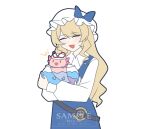  1girl animal animalization axolotl belt black_belt blonde_hair blue_bow blue_dress blush bow closed_eyes clothed_animal collared_shirt commentary dress english_commentary facing_viewer fishbowl hat hat_bow hat_ribbon long_hair long_sleeves looking_at_viewer mob_cap no_noru open_mouth red_ribbon ribbon sample_watermark shirt smile touhou watatsuki_no_toyohime watermark white_hat white_shirt yakumo_yukari yakumo_yukari_(axolotl) 