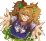  1girl animal_ears arms_up blast_onepiece_(umamusume) blue_eyes blush bow bowtie braid breasts brown_hair collarbone from_above hair_between_eyes hair_ornament highres horse_ears horse_girl kago1zq large_breasts long_hair looking_at_viewer looking_up open_mouth pleated_skirt purple_sailor_collar purple_serafuku purple_shirt purple_skirt sailor_collar sailor_shirt school_uniform serafuku shirt skirt smile solo teeth tracen_school_uniform twintails umamusume upper_teeth_only white_bow white_bowtie 