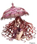  anna_(granblue_fantasy) arm_garter barefoot frills full_body garters granblue_fantasy hair_over_one_eye holding knees_together_feet_apart long_hair minaba_hideo official_art red_hair simple_background solo stuffed_animal stuffed_toy swimsuit umbrella very_long_hair white_background 