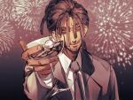 absurdres aerial_fireworks asterion_(shadow_slave) black_jacket black_necktie collared_shirt commentary commission cup disembodied_eye dreadlocks drinking_glass english_commentary fireworks formal_clothes furrowed_brow highres holding holding_cup jacket looking_at_viewer necktie notepic parody scene_reference second-party_source shadow_slave shirt smirk the_great_gatsby white_shirt wine_glass yellow_eyes 