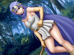  belt blue_hair breasts cleavage crimson_comics dragon_quest forest gloves holding holding_weapon long_hair medium_breasts nature open_mouth orange_hair pleated_skirt sage_(dq3) skirt solo tree weapon 