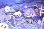  1boy :o bare_tree black_hat black_pants black_shirt blue_hair chibi commentary fence finger_heart flower flower_on_head full_moon ghost grave green_eyes halloween hat highres hoshirube_sho jiangshi_costume long_hair male_focus moon multicolored_hair mushroom night nijisanji ofuda otomo_(hoshirube_sho) outdoors outstretched_arms pants purple_hair purple_sky qingdai_guanmao shirt shuxingbuming_moxiaobai sky solo streaked_hair tree virtual_youtuber white_flower zombie zombie_pose 