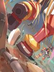  2boys absurdres armor blonde_hair boots feet foot_focus forehead_jewel helmet highres long_hair male_focus mega_man_(series) mega_man_zero_(series) mega_man_zero_3 multiple_boys omega_(mega_man) omochi_(mochi_skymega) red_armor red_boots red_helmet solo_focus standing walking zero(z)_(mega_man) zero_(mega_man) 