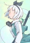  1girl black_hairband black_ribbon blush collared_shirt commentary_request dated flower from_side green_background green_eyes green_skirt green_vest grey_hair grey_shirt hair_ribbon hairband konpaku_youmu konpaku_youmu_(ghost) long_sleeves looking_to_the_side open_clothes open_vest parted_lips pink_flower rangycrow ribbon sheath shirt short_hair sideways_glance skirt solo touhou upper_body vest youmu_day |_| 