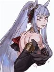  1girl ammi_(mayflyaa) animal_ears asymmetrical_dress asymmetrical_gloves bare_shoulders black_dress black_gloves breasts cropped_torso dress ear_ornament elbow_gloves evening_gown gloves gold_ship_(la_mode_564)_(umamusume) gold_ship_(umamusume) grey_hair high_ponytail highres horse_ears horse_girl jewelry long_hair looking_at_viewer looking_back official_alternate_costume official_alternate_hairstyle parted_lips ponytail purple_eyes purple_hair smile solo umamusume white_background 