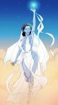  1girl absurdres arm_up azura's_star_(the_elder_scrolls) azura_(the_elder_scrolls) black_hair blue_eyes blue_skin blue_sky bracelet brokengrotesk colored_skin commentary daedra dress english_commentary floating full_body gem glowing_gem grey_skin head_wreath highres jewelry levitation pointy_ears revealing_clothes sandals see-through_clothes silver_bracelet silver_sandals sky solo star_(sky) starry_sky the_elder_scrolls the_elder_scrolls_iii:_morrowind veil white_dress white_veil yellow_clouds 