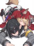  1boy 1girl ai-generated animal_ear_fluff animal_ears arknights arknights:_endfield black_boots black_hair black_jacket blonde_hair blush boots braid commentary_request endministrator_(arknights) eyebrows_hidden_by_hair eyepatch female_endministrator_(arknights) fox_ears hair_between_eyes hair_ornament highres hood hug hug_from_behind jacket long_hair long_sleeves looking_at_another lying on_stomach one_eye_closed open_clothes open_jacket open_mouth rossi_(arknights) shiromamono shoes shy side_braid skirt smile socks tail teeth upper_teeth_only white_background white_socks yellow_eyes 