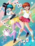  1980s_(style) 2girls ace_(playing_card) ace_of_clubs ace_of_diamonds ace_of_hearts ace_of_spades aqua_eyes aqua_hair black_gloves black_hat blue_eyes bow breasts brown_hair card club_(shape) danmakuman diamond_(shape) dual_persona earrings elbow_gloves full_body gloves hat heart high_heels highres holding holding_wand jewelry kazuki_mai looking_at_viewer magical_emi magical_girl magician mahou_no_star_magical_emi miniskirt multiple_girls open_mouth pantyhose playing_card purple_pantyhose red_skirt retro_artstyle shirt short_hair showgirl_skirt skirt sleeveless sleeveless_shirt smile socks spade_(shape) squirrel thighs top_hat topo_(magical_emi) wand white_shirt white_socks yellow_bow yellow_skirt 