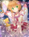  antenna_hair blush bow bowtie brown_hair cardcaptor_sakura choker collarbone eyebrows_visible_through_hair feathered_wings flower gloves gongitsune_(gongitune2) green_eyes hair_flower hair_ornament hair_ribbon highres holding holding_staff kero kinomoto_sakura looking_at_viewer magical_girl pink_bow pink_gloves pink_neckwear pink_ribbon ribbon shiny shiny_hair short_hair_with_long_locks short_sleeves sidelocks skirt smile solo staff white_wings wings 