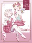  2girls absurdres ankle_flower anklet artist_name ballet_slippers bare_shoulders barefoot beads blonde_hair blue_shirt breasts colored_extremities commentary_request dated dress earrings elbow_gloves emuaitu_1733 fairy_wings flower flower_dress gears gloves hair_flower hair_ornament hand_up happy_valentine highres identity_v invisible_chair jewelry lips looking_at_viewer margaretha_zelle margaretha_zelle_(sylphide) medium_breasts mini_wings multiple_girls one_eye_closed open_mouth pantyhose parted_bangs pink_background pink_dress pink_shoes pink_skirt plant red_flower red_lips shirt shoes short_hair sitting skirt sleeveless sleeveless_dress small_breasts smile tracy_reznik tracy_reznik_(everlasting_flower) vines white_background white_gloves white_pantyhose wings 