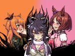  3girls angry animal_ears ascot bandages bandaid bandaid_on_face bandaid_on_nose black_hair blush bomber_jacket breasts brown_hair budget_sarashi chest_sarashi cleavage commentary_request ear_ornament fang fur_collar green_jacket half-closed_eye horse_ears jacket japanese_clothes long_hair long_sleeves looking_at_another looking_at_viewer mayano_top_gun_(scramble_zone)_(umamusume) mayano_top_gun_(umamusume) medium_hair multiple_girls narita_brian_(maverick)_(umamusume) narita_brian_(umamusume) naughty_face nose_blush one_side_up open_clothes orange_hair partially_shaded_face pink_eyes raised_inner_eyebrows rope sakura_laurel_(saisir_le_reve)_(umamusume) sakura_laurel_(umamusume) sarashi sd1988122 shimenawa short_sleeves skin_fang umamusume uneven_eyes upper_body v-shaped_eyebrows veiny_face wrist_cuffs yellow_eyes 