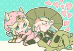  2boys absurdres beanie beard belt black_bridal_gauntlets black_shirt blonde_hair blue_eyes blush bridal_gauntlets cape chibi chibi_only closed_eyes cowboy_hat crossed_legs english_commentary facial_hair green_cape green_hat green_pants gyro_zeppeli hair_horns hat heart highres hood hood_down hoodie horseshoe_hat_ornament horseshoe_ornament johnny_joestar jojo_no_kimyou_na_bouken long_hair lying m_a_a_m_8 male_focus multiple_boys o3o pants pink_belt pink_hat pink_hoodie puckered_lips shirt short_sleeves spurs steel_ball_run yaoi 