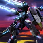  evening gsan highres lightning mecha molten_rock no_humans rayblade_hb sky super_robot_wars super_robot_wars_the_lord_of_elemental 