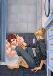  2boys barefoot bathing black_shirt blonde_hair blurry blurry_foreground commentary_request curtains denisefanta eustass_kid hair_bun highres killer_(one_piece) male_focus mirror multiple_boys nude one_eye_closed one_piece polka_dot polka_dot_shirt red_hair red_nails shirt short_hair single_hair_bun tile_floor tiles 