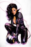  1girl absolute_batman absolute_dc afro animal_ear_helmet animal_helmet bat_mask batman_(absolute_dc) cat_helmet cat_mask catsuit catwoman_(absolute_dc) dark-skinned_female dark_skin dc_comics highres leather_suit mask reflection solo sozomaika 