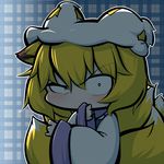  animal_ears bad_id bad_pixiv_id blonde_hair constricted_pupils fox_ears fox_tail hand_on_own_face hat inunoko. looking_at_viewer multiple_tails raised_eyebrow short_hair solo tail touhou upper_body yakumo_ran 