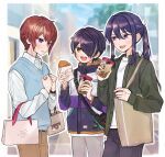  3boys 5g5kcal absurdres bag belt black_bag black_pants blonde_streaks blue_vest blush border brown_bag brown_belt brown_pants bubble_tea charm_(object) commentary_request cowboy_shot drink drooling ensemble_stars! food green_jacket grey_pants hair_ribbon highres holding holding_bag holding_drink holding_food hungry jacket kanzaki_souma long_sleeves looking_at_another male_focus multicolored_hair multicolored_jacket multiple_boys one_eye_covered open_mouth outdoors outline pants parted_lips ponytail purple_eyes purple_hair red_hair ribbon sengoku_shinobu shirt shopping_bag shoulder_bag smile sparkle streaked_hair suou_tsukasa sweat sweater_vest taiyaki v-shaped_eyebrows vest wagashi watch white_border white_outline white_ribbon white_shirt wristwatch yellow_eyes 