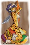  amber_eyes anthro breasts butt claws feline female hair looking_at_viewer mammal melee_weapon nude pillow purple_hair short_hair solo sword the_z tiger tongue tongue_out weapon 