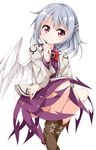  bad_id bad_twitter_id bangs boots bow bowtie braid expressionless finger_to_cheek french_braid full_body highres jacket kishin_sagume long_sleeves looking_at_viewer pink_eyes ruu_(tksymkw) shiny shiny_hair short_hair silver_hair simple_background single_wing skirt skirt_set solo tareme touhou white_background white_wings wings 