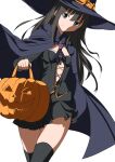  1girl black_cape black_hair black_hat black_thighhighs blue_eyes cape commentary halloween_costume hat highres holding holding_pumpkin kishishi_(kishiman-ya) long_hair miniskirt pumpkin simple_background skirt solo thighhighs tohno_akiha tsukihime white_background witch_hat 