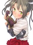  :t baffu bag blush brown_hair commentary_request food green_hair highres holding holding_bag kantai_collection looking_at_viewer muneate rigging solo sweet_potato yellow_eyes zuikaku_(kantai_collection) 