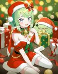  1girl :d bell between_legs blue_eyes blurry blurry_background breasts capelet christmas cleavage clover clover_hair_ornament commentary detached_sleeves dot_nose dress english_commentary facing_to_the_side four-leaf_clover four-leaf_clover_hair_ornament frog gift green_background green_hair green_ribbon hair_ornament hand_between_legs hand_up hat highres holding holding_star jingle_bell looking_at_viewer medium_breasts medium_hair neck_bell original prock red_capelet red_dress red_hat red_ribbon ribbon santa_costume santa_dress santa_hat sitting sleeveless sleeveless_dress smile solo_focus star_(symbol) teeth thighhighs upper_teeth_only wariza white_thighhighs zettai_ryouiki 