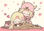  2boys absurdres beanie black_bridal_gauntlets black_shirt blonde_hair bridal_gauntlets brown_cape brown_hat brown_pants cape chibi chibi_only closed_eyes cowboy_hat eighth_note english_commentary gold_teeth grin gyro_zeppeli hair_horns hat heart highres hood hood_down hoodie horseshoe_hat_ornament horseshoe_ornament johnny_joestar jojo_no_kimyou_na_bouken long_hair lying m_a_a_m_8 male_focus medium_hair multiple_boys musical_note on_stomach pants pink_hat pink_hoodie redrawn shirt short_sleeves sleeping smile spurs star_(symbol) star_print steel_ball_run unworn_hat unworn_headwear 