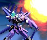  backlighting blue_eyes cowboy_shot exexbein explosion glowing glowing_eye gsan mecha no_humans shining_finger standing super_robot_wars weapon 