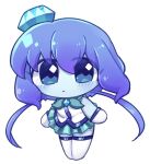  1girl :< agpgwm aoki_lapis aqua_bow aqua_bowtie aqua_skirt arms_at_sides bare_arms bare_shoulders blue_eyes blue_gem blue_skin blue_trim blush boots bow bowtie chibi chibi_only colored_skin commentary_request diamond_(gemstone) expressionless flat_chest frown full_body gem gem_hair_ornament gloves hair_between_eyes highres leaning_forward legs_together long_hair low_twintails miniskirt no_eyebrows pleated_skirt purple_hair shirt simple_background skirt solo standing tareme thigh_boots traditional_bowtie twintails very_long_hair vocaloid white_background white_boots white_gloves white_shirt zettai_ryouiki 