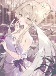  1girl angel_wings bare_shoulders blonde_hair blue_archive blurry blurry_background blush bow breasts brown_hair chandelier collarbone commentary_request cup dress dress_bow drinking_glass evening_gown flower from_side hair_bun halo hand_on_own_face holding holding_cup indoors leaf long_hair looking_at_viewer nagisa_(blue_archive) night off-shoulder_dress off_shoulder open_mouth party_dress pink_halo purple_bow purple_dress short_sleeves single_hair_bun solo soriya upper_body white_flower white_wings window wine_glass wings yellow_eyes 