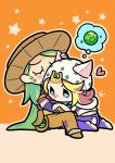  2boys animal_ears ball beard belt blonde_hair blue_bridal_gauntlets blue_eyes blue_pants blush bridal_gauntlets brown_hat brown_pants cape cat_ears cat_tail chibi chibi_only closed_eyes commentary facial_hair green_cape green_hair gyro_zeppeli hat heart highres holster hood hood_down hoodie horseshoe_hat_ornament horseshoe_ornament hug johnny_joestar jojo_no_kimyou_na_bouken kemonomimi_mode kneeling long_hair m_a_a_m_8 male_focus multiple_boys orange_sleeves pants paw_print purple_sleeves sitting speech_bubble star_(symbol) star_print steel_ball_(jojo) steel_ball_run tail thought_bubble two-tone_sleeves untranslatable_commentary white_hat white_hoodie yellow_belt 