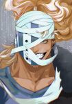  1boy bandaged_head bandages blonde_hair blue_eyes blue_shirt clenched_teeth collarbone commentary_request denisefanta eyelashes facial_hair goatee grey_background grin highres killer_(one_piece) long_hair looking_at_viewer male_focus mature_male one_piece ponytail portrait shirt smile solo tears teeth upper_body 
