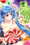  bangs bare_shoulders between_breasts between_thighs blue_hair blush breasts candy candy_cane cleavage cream detached_sleeves emphasis_lines food gummy_bear jelly_bean julion_(akesuzu) large_breasts long_hair luthica_preventer red_eyes solo sparkle sweatdrop sweets sword_girls torn_clothes twintails very_long_hair 