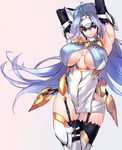 android arm_behind_back armlet armpits arms_up black_gloves black_legwear blue_hair boots breasts choker curvy elbow_gloves garter_straps gloves grey_background headgear highres kos-mos kos-mos_ver._4 large_breasts long_hair negresco red_eyes simple_background smile standing thigh_boots thigh_gap thighhighs underboob very_long_hair xenosaga xenosaga_episode_iii 