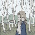 1girl birch_tree brown_hair closed_eyes closed_mouth coat commentary_request day duffel_coat from_side fucca long_hair original outdoors scarf solo tree upper_body white_scarf 