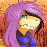  anthro eye_through_hair facial_piercing fish geekidog hair lip_piercing looking_at_viewer marine orange_background piercing pink_hair scarf shark sharp_teeth simple_background smile solo takochan teeth translucent_hair 