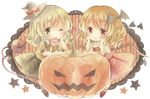  arm_support bat_wings black_eyes blush bow candy chibi emblem flandre_scarlet food hair_bow halloween hands_on_own_cheeks hands_on_own_face hat jack-o'-lantern kagome_f komeiji_koishi lollipop looking_at_viewer multiple_girls no_hat no_headwear one_eye_closed pumpkin red_eyes short_hair skirt skirt_set star touhou traditional_media watercolor_(medium) wings witch_hat 