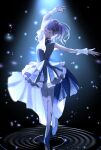  1girl arms_up blue_dress blue_shoes closed_mouth commentary dress facing_viewer high_ponytail highres icy_(love_live!) link!_like!_love_live! long_hair love_live! mole mole_on_neck murano_sayaka outstretched_arm ponytail purple_hair roku_aya_fuyu shoes short_dress single_sleeve smile solo virtual_youtuber 