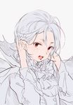  androgynous blood blood_in_mouth cape fangs frills grey_hair hands_on_own_head kaze-hime long_sleeves looking_at_viewer open_mouth original pointy_ears shirt short_hair sketch solo teeth upper_body vampire white_shirt 