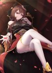  1girl animal_ears bare_shoulders blush braid braided_hair_rings breasts brown_hair cleavage commentary corset crossed_legs detached_sleeves dress ear_covers ear_ornament gentildonna_(regina_dei_fiori)_(umamusume) gentildonna_(umamusume) gloves hair_between_eyes hair_ornament hair_rings heart-shaped_ornament heart_ear_ornament highres horse_ears horse_girl horse_tail large_breasts long_hair looking_at_viewer open_mouth petals red_corset red_eyes rika_ryne see-through_cleavage see-through_clothes sitting smile solo tail thighhighs umamusume white_gloves white_thighhighs 
